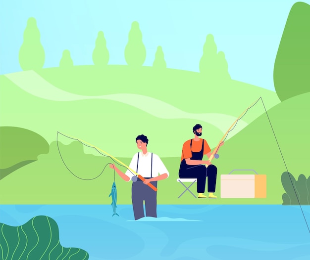 Premium Vector | Fishing on river. fisherman catches fishes, man with ...