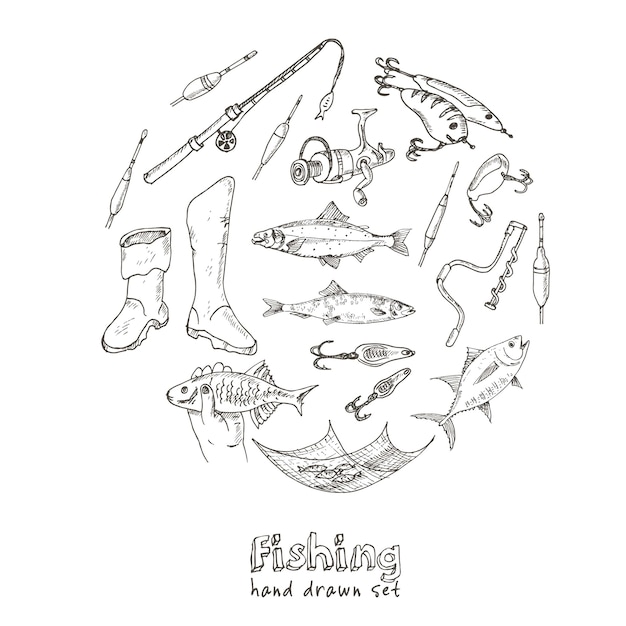 Premium Vector | Fishing tackle tools. sketches. hand-drawing fishing