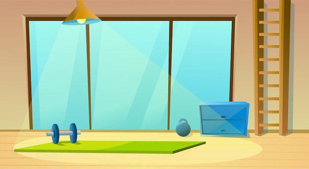 Fitness room for yoga window and dumbbells Premium Vector