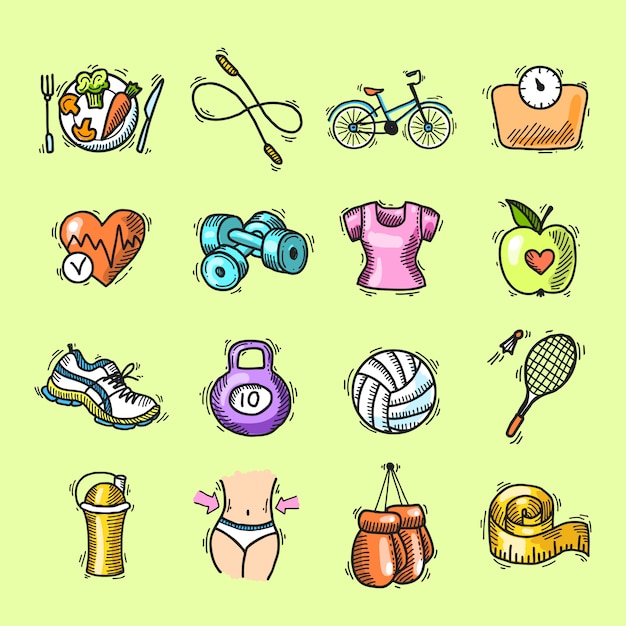 Fitness sketch colored icons set Vector | Free Download
