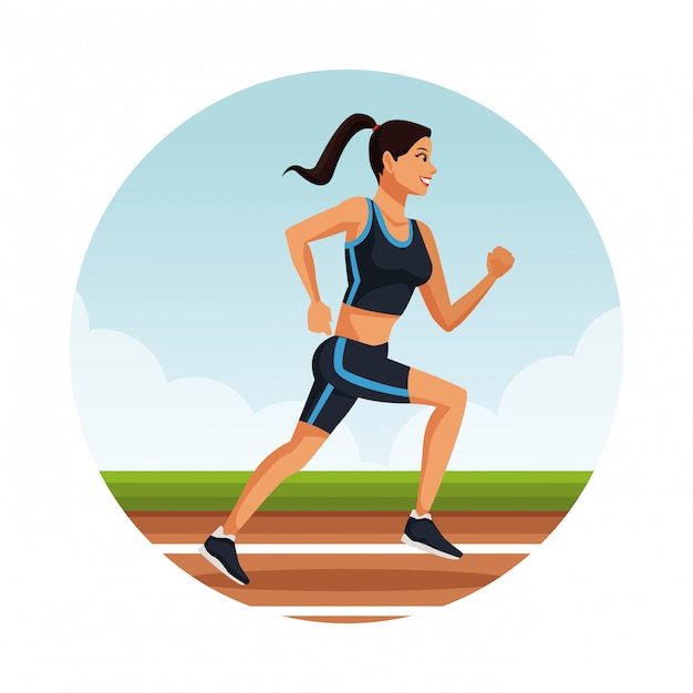 Download Fitness woman running with sport round symbols | Premium Vector