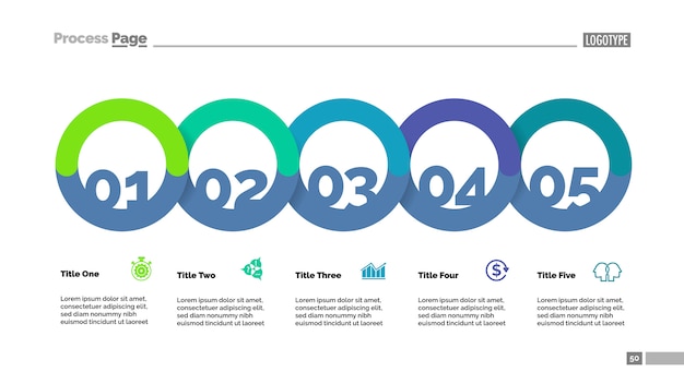 Five circle flowchart with description slide template. business data ...