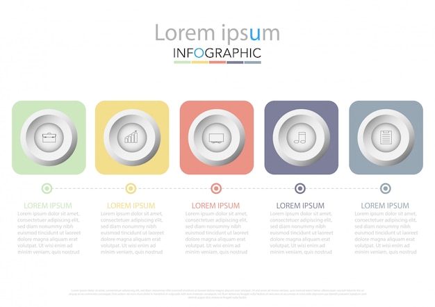 Five colorful rectangular elements, thin line pictograms, pointers and text boxes Premium Vector