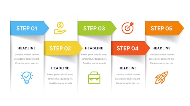 ステップ タイムライン ワークフロー用の5つのオプションのインフォグラフィック プレミアムベクター