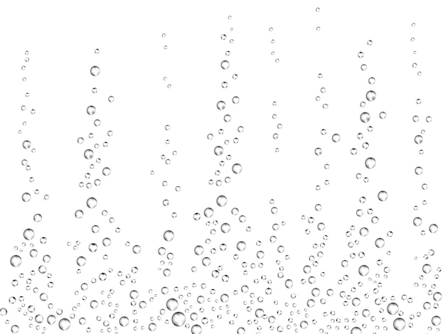 白い背景の上の泡の泡 水や飲み物の水中酸素テクスチャー ソーダ水 シャンパン スパークリングワイン レモネード 水族館 海 海の泡 リアルな3dイラスト プレミアムベクター