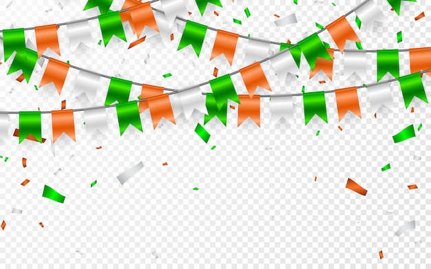 ガーランドに聖パトリックの日にフラグを立てます 旗の花輪とパーティーの背景 オレンジホワイトグリーンの旗とホイル紙吹雪の花輪 プレミアムベクター