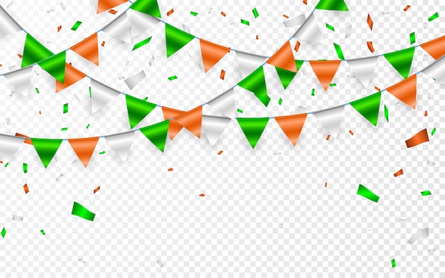 ガーランドに聖パトリックの日にフラグを立てます 旗の花輪とパーティーの背景 オレンジホワイトグリーンの旗とホイル紙吹雪の花輪 プレミアムベクター