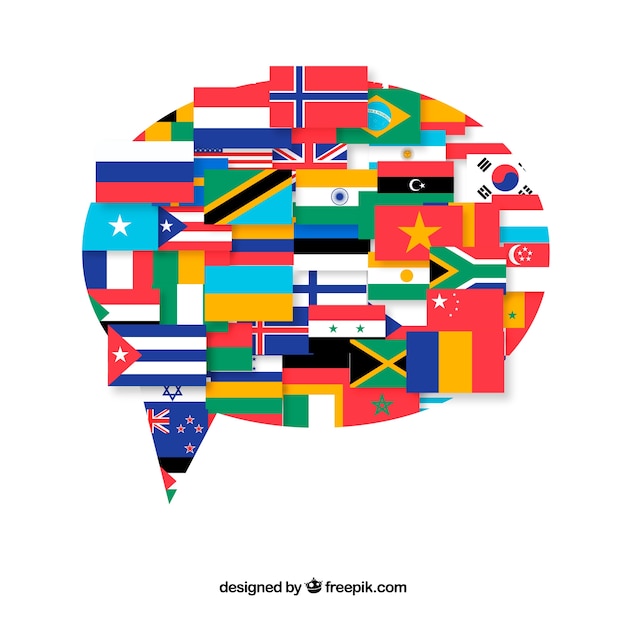Flags of different countries in speech bubble
shape