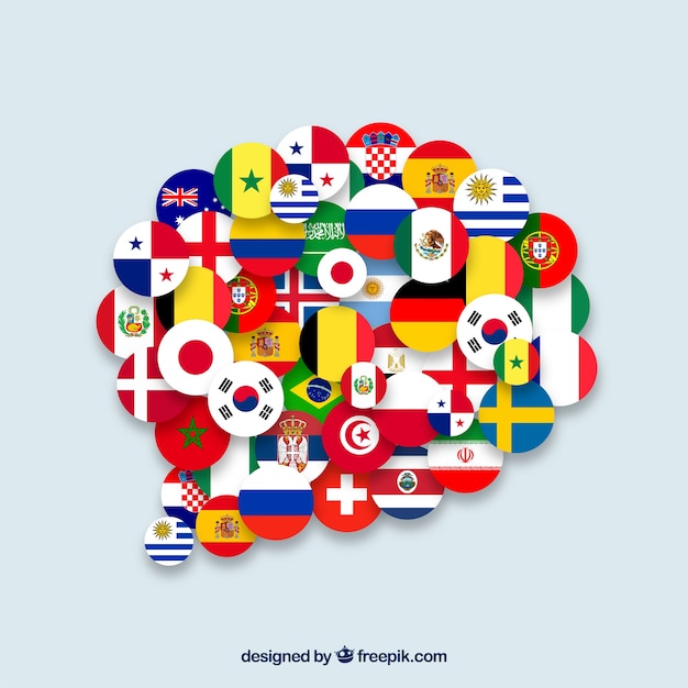 Flags of different countries in speech bubble
shape