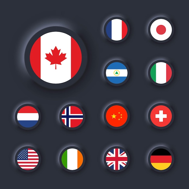 アメリカ合衆国 イタリア 中国 フランス カナダ 日本 アイルランド 王国 ニカラグア ノルウェー スイス オランダの国旗 フラグ付きの丸いアイコン Neumorphic Uiuxダークユーザーインターフェイス ニューモルフィズム プレミアムベクター