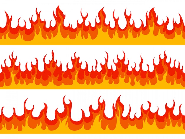 プレミアムベクター 炎の境界 火の燃えるバナー 熱燃焼山火事シルエット可燃性要素 熱い炎のようなボーダーイラスト セット 火の熱 熱い境界線 詳細な荒れ狂う可燃性