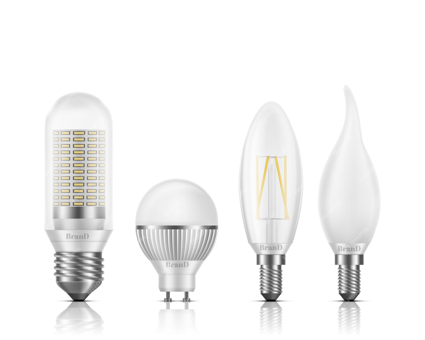 Free Vector | Flame, globe, tubular, candle shapes light led bulbs with ...