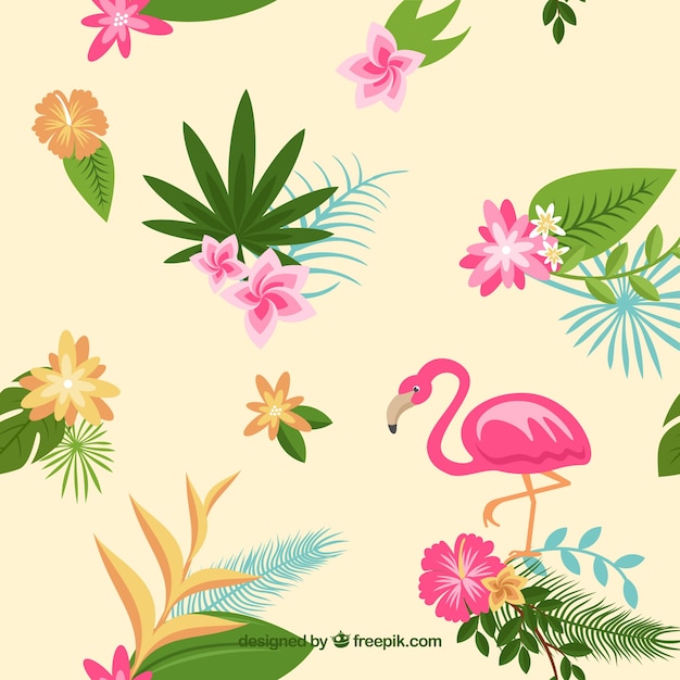 Flamenco background with leaves and tropical\
flowers