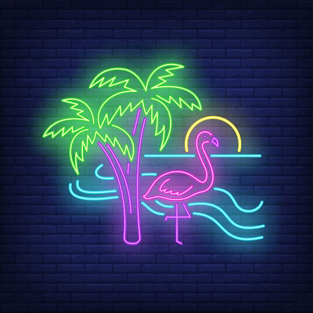 Flamingo on beach neon sign. | Free Vector