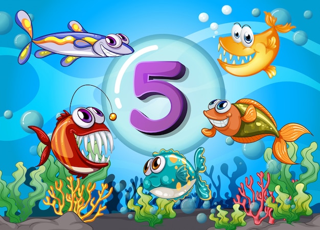 Flashcard number with fish underwater Premium Vector