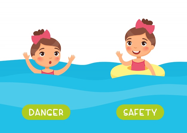 子供のテンプレートの対義語とフラッシュカード 外国語 学習用ワードカード 反意語の概念 安全性および危険 典型的なインフレータブルリングフラットイラストなしで泳ぐ女の子 プレミアムベクター