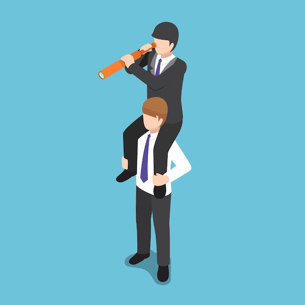 Premium Vector Flat 3d Isometric Businessman Ride On His Colleague Shoulder And Use Spyglass