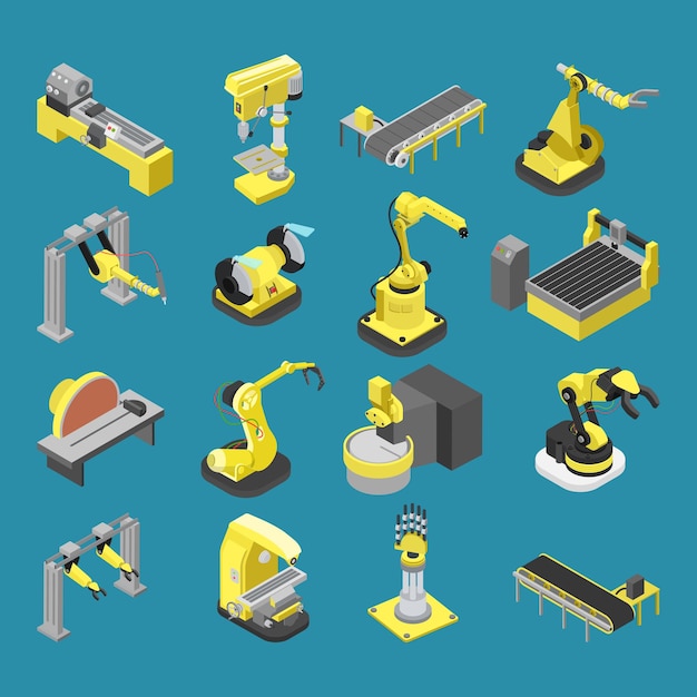 Premium Vector | Flat 3d Isometric Heavy Robotics Industry Machinery Set