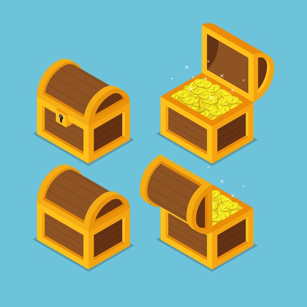 Premium Vector | Flat 3d isometric open and closed wooden treasure chests.