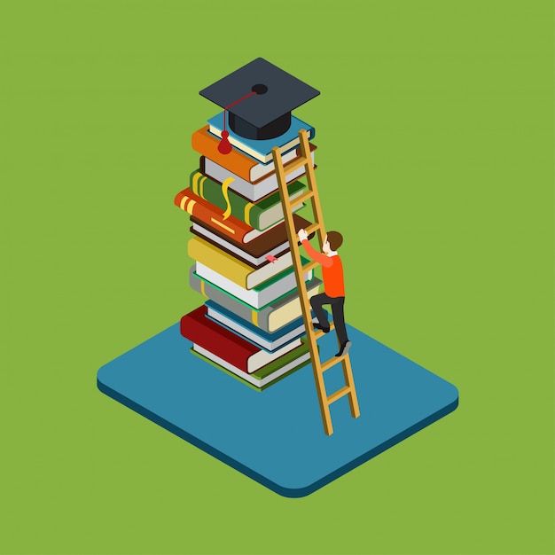 Download Flat 3d web isometric education graduation infographic concept vector. man figure climbs on ...