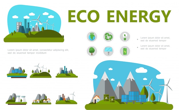 惑星リサイクル記号電球ツリーソーラーパネルバッテリー風車エコ工場と住宅の平らな代替エネルギー構成 無料のベクター
