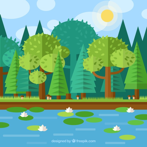 Flat and geometric forest with a lake
