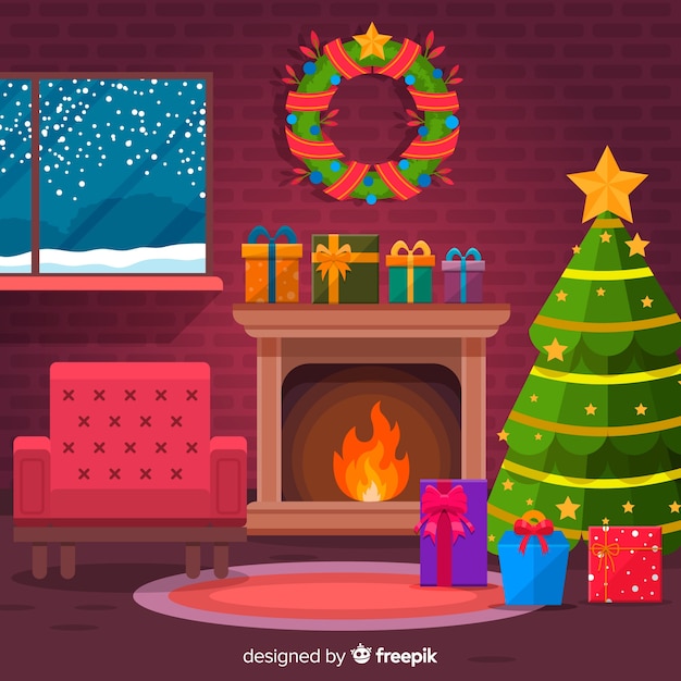 Flat Armchair Christmas Fireplace Scene Free Vector