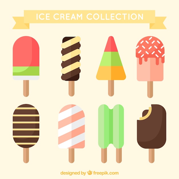 Flat assortment of different delicious ice creams