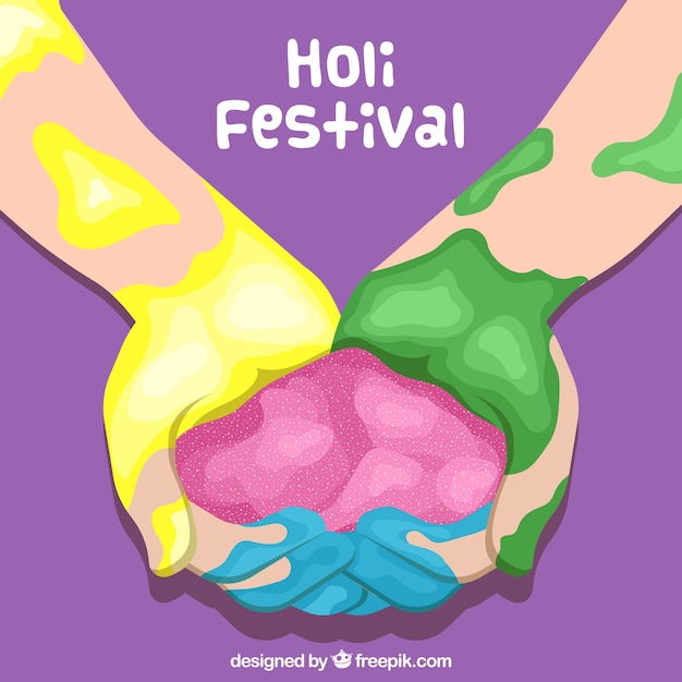 Flat background for holi festival with\
hands