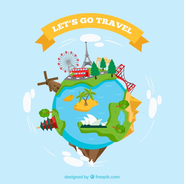 Flat background let's go travel Free Vector