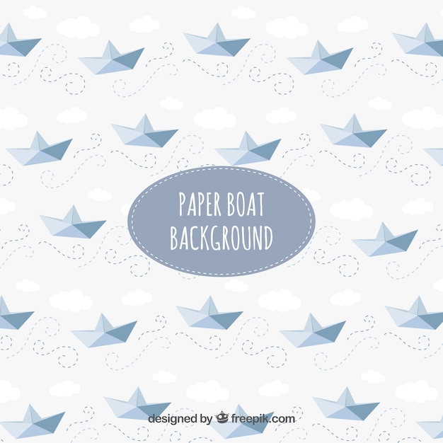Flat background with blue paper boats and
clouds