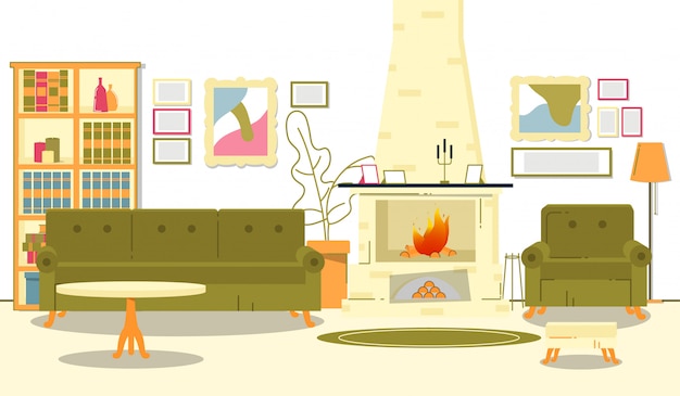 Flat Banner Beautiful Room Interior With Fireplace In Room Fire