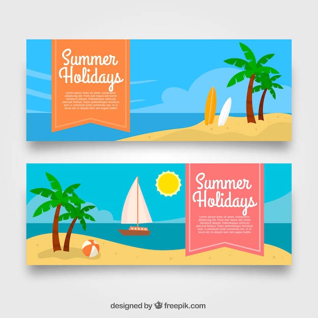 Flat banners with beach landscape