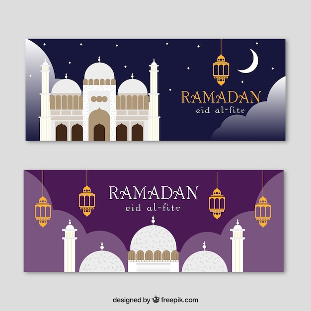 Flat Banners With Mosque For Ramadan Vector 