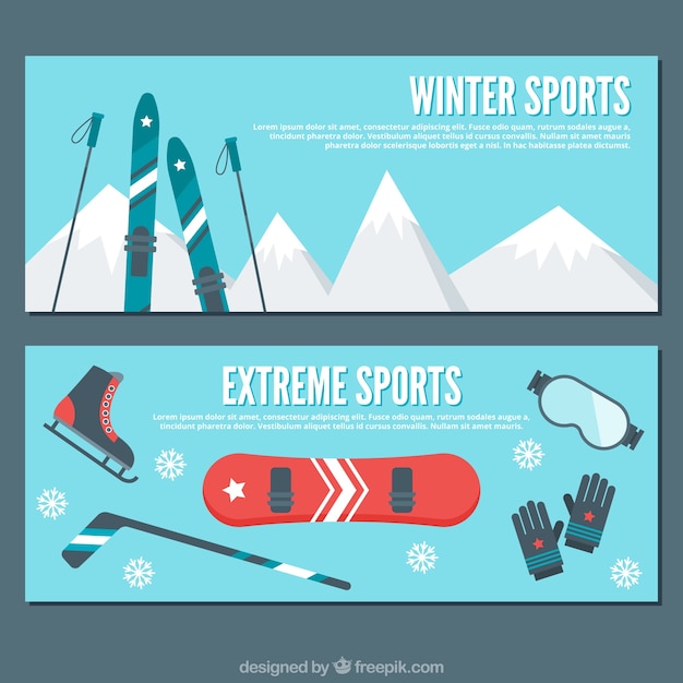 Flat banners with winter sports elements
