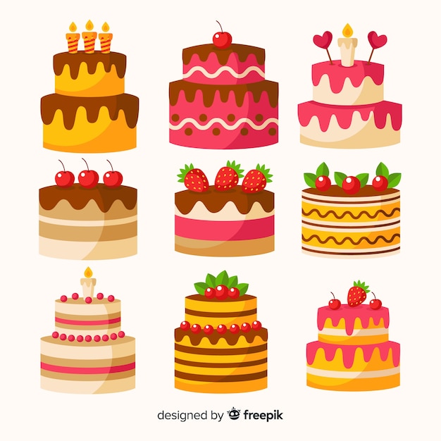 Flat birthday cake collection Vector | Free Download