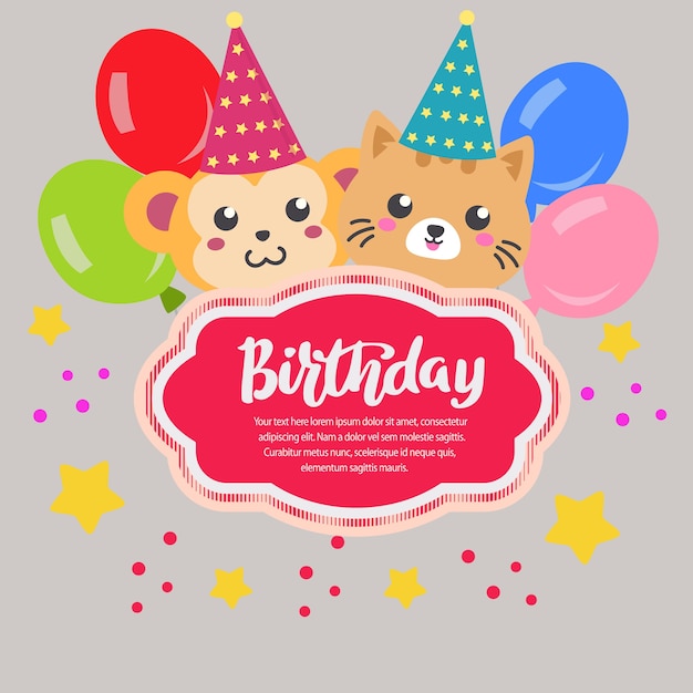 Premium Vector | Flat birthday card with party with monkey and cat