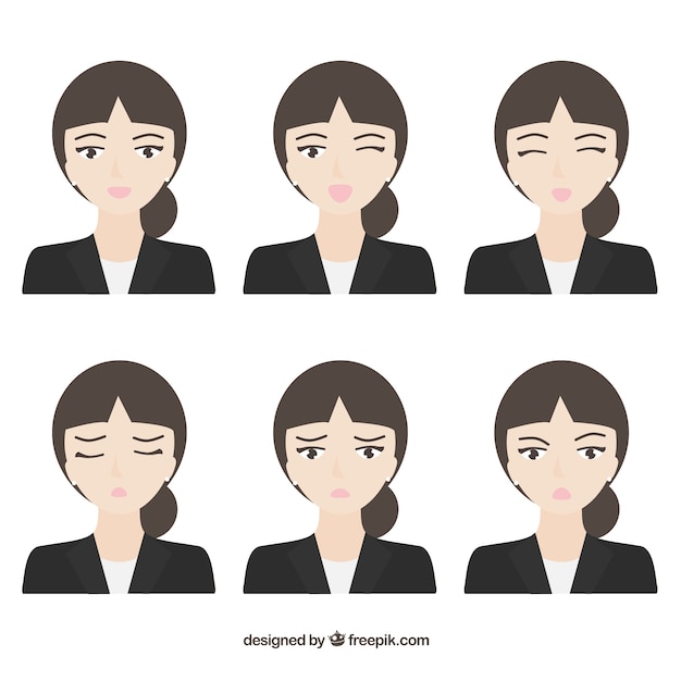 Flat businesswoman characters with six facial
expressions