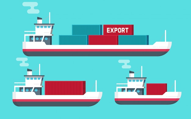 Premium Vector Flat Cartoon Big Or Small Cargo Ships Or Shipping Freighter Boats Carrying Cargo Containers