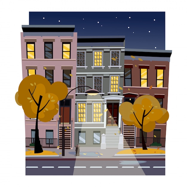 Premium Vector Flat Cartoon Vector Illustration Of Autumn Rainy City Street At Night Uneven Houses With Luminous Windows