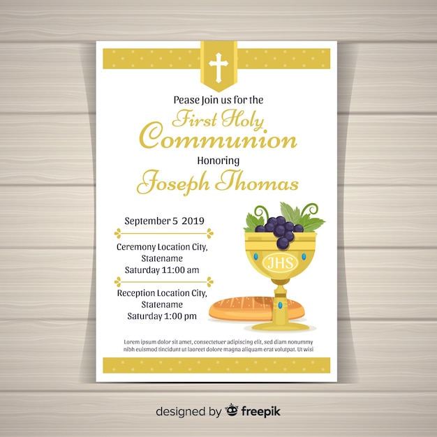 Premium Vector | Flat chalice and bread first communion invitation