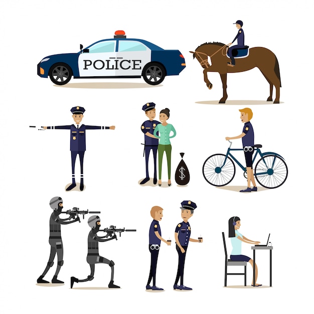 Flat characters set of policeman profession characters Premium Vector