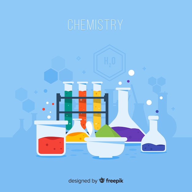 Flat chemistry laboratory with flasks Free Vector