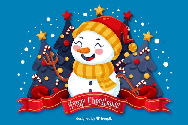 Flat christmas background and snowman with hat Free Vector