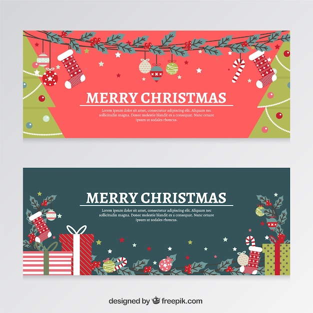 Download Free Vector | Flat christmas banners with gifts and trees