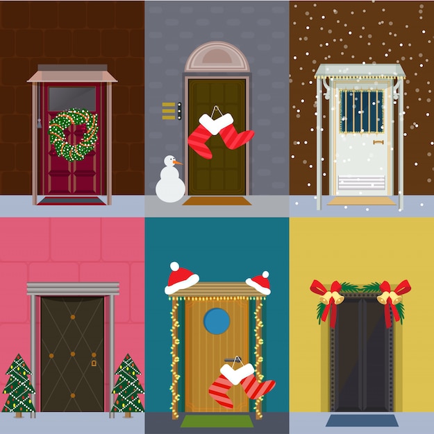 Free Vector | Flat christmas entrance doors set