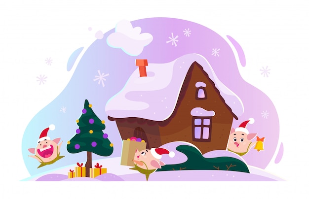 冬の組成とフラットクリスマスイラスト ギフトボックス 生ingerの家 雪に覆われた丘 サンタ帽子で面白いかわいい子豚エルフとモミの木 漫画のスタイル プレミアムベクター