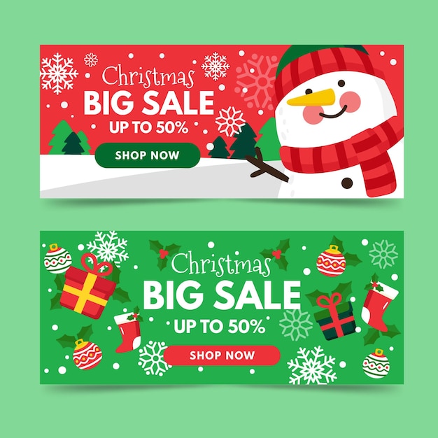 Flat Christmas sale banners Free Vector - Snowman and Gifts and Snowflakes Fun and Happy Background