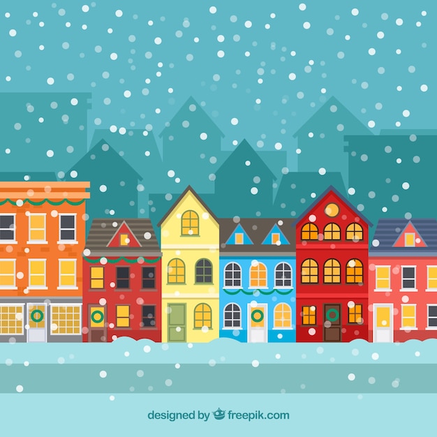 Download Flat christmas town with snow | Free Vector