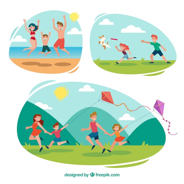 Flat collection of family doing different activities Free Vector